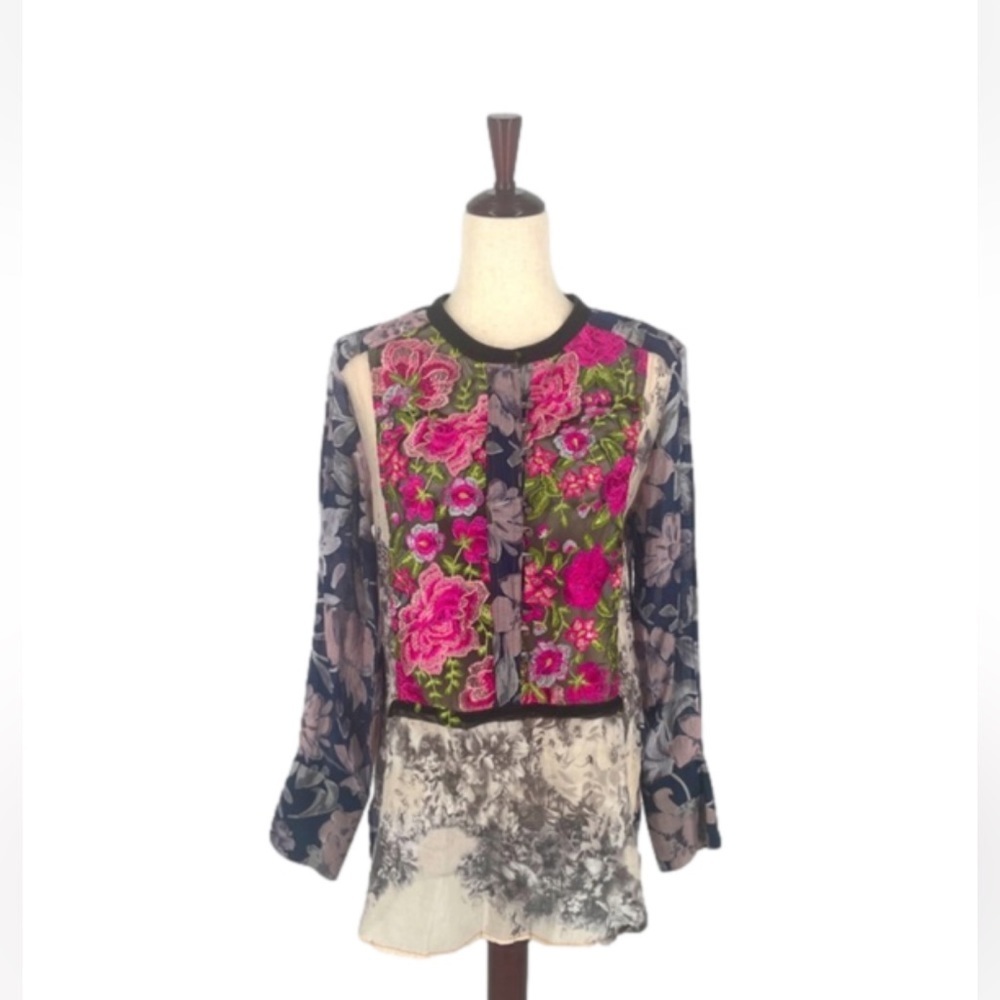 ARATTA SILENT JOURNEY - Embroidered Sheer Multi-pattern Top - Medium